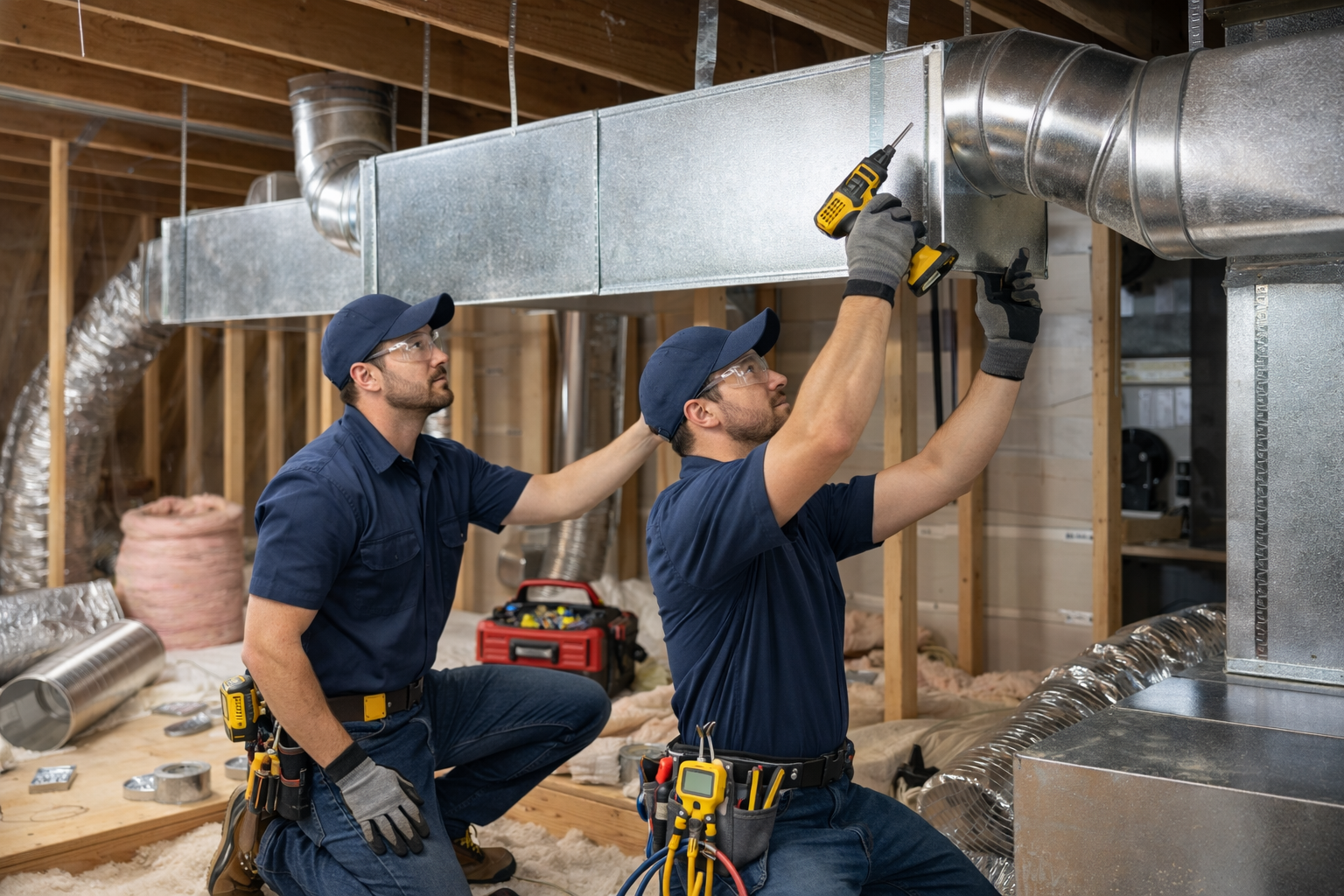 HVAC technicians installing ductwork in attic